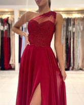 One Shoulder Red Prom Evening Dresses Floor Length Sleeveless Maxi Dress with Front Slit